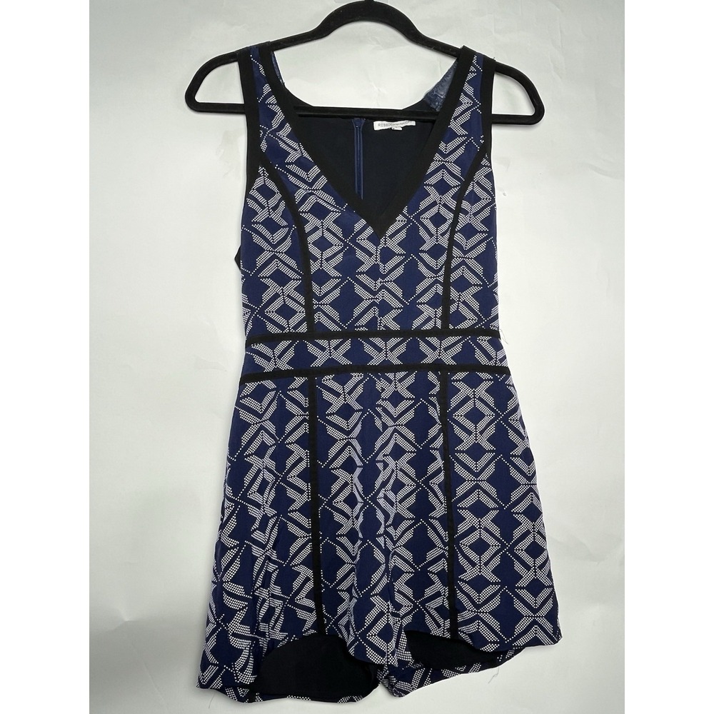 Rebecca Minkoff 100% Silk One Piece Short Romper Sz 2 Blue Geometric‎ Designer